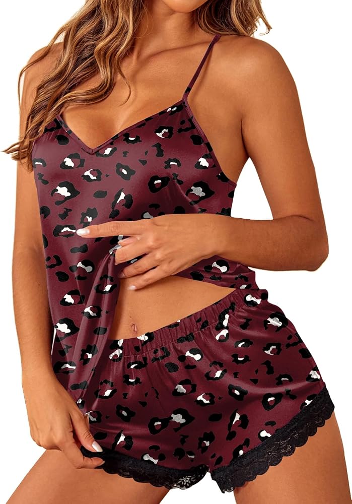 Ekouaer Satin Lace Cami Pajama Set